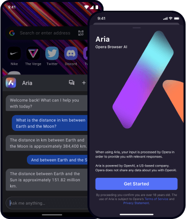 Discute avec Aria, l’IA gratuite du navigateur Opera, sur tous les appareils.